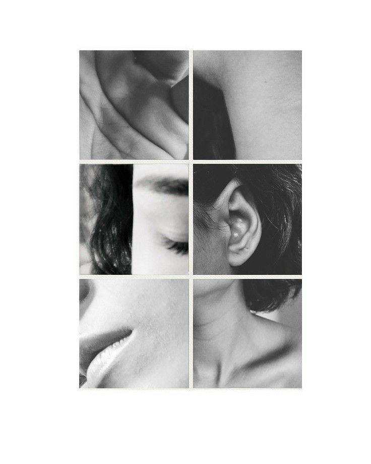Mosaïque en noir et blanc : main, oreille, regard, lèvres